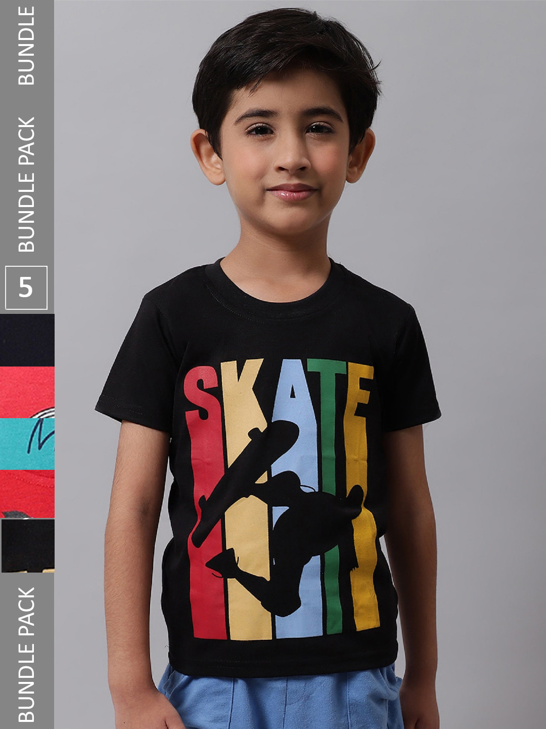 

BAESD Pack Of 5 Graphic Printed Round Neck Cotton T-Shirt, Black