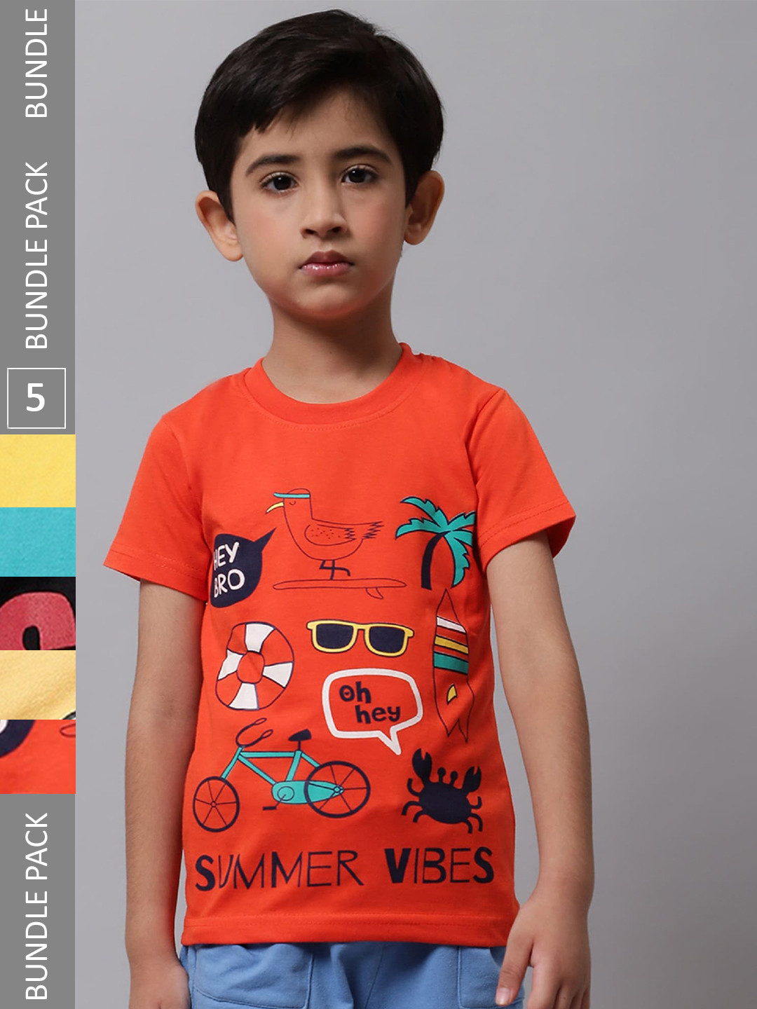 

BAESD Boys Pack Of 5 Printed Cotton Regular T-shirts, Orange