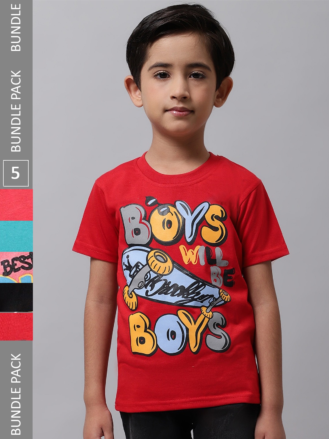 

BAESD Boys Pack Of 5 Graphic Printed Round Neck Cotton T-Shirts, Red