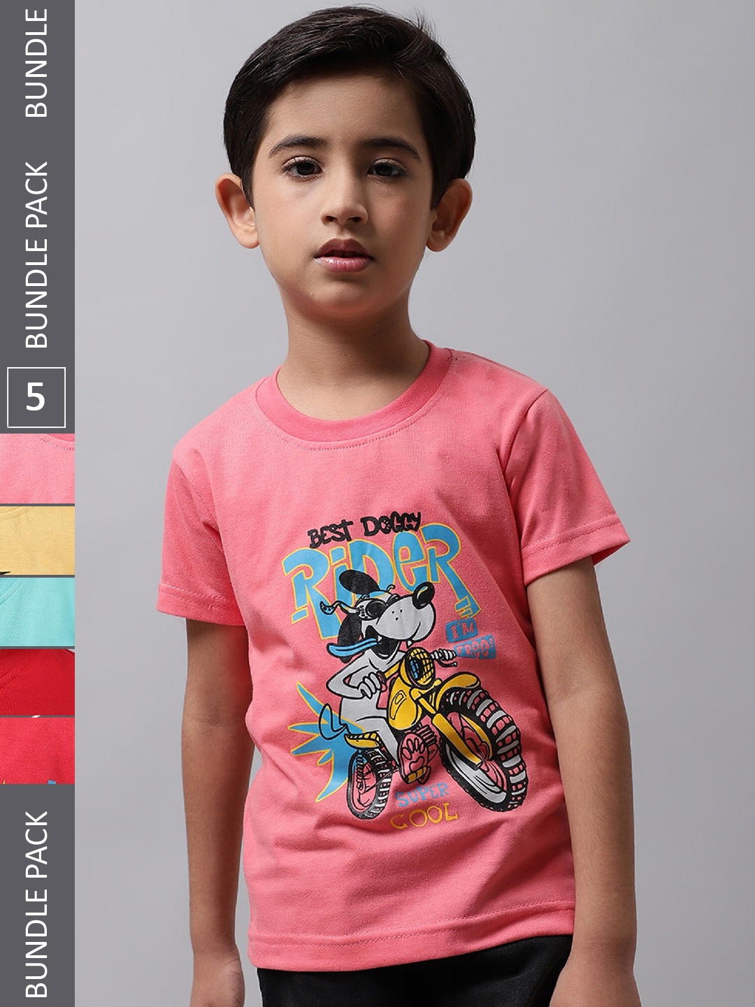 

BAESD Boys Pack Of 5 Graphic Printed Cotton T-Shirt, Pink