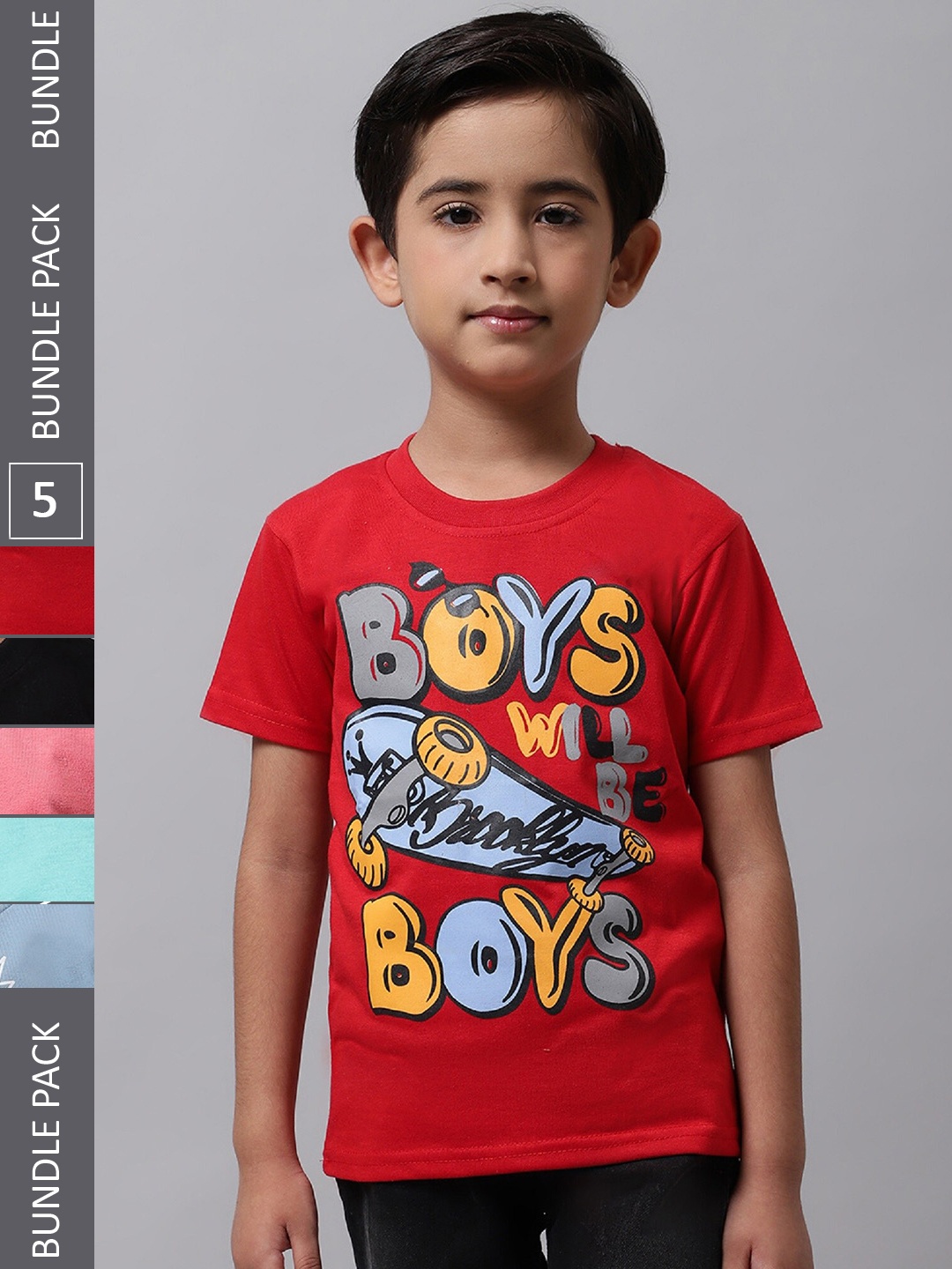 

BAESD Boys Pack Of 5 Typography Printed Cotton T-shirt, Red