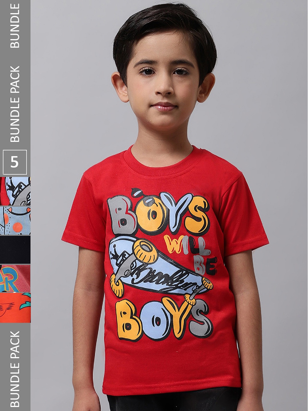 

BAESD Boys Pack Of 5 Graphic Printed Round Neck Cotton T-shirt, Red