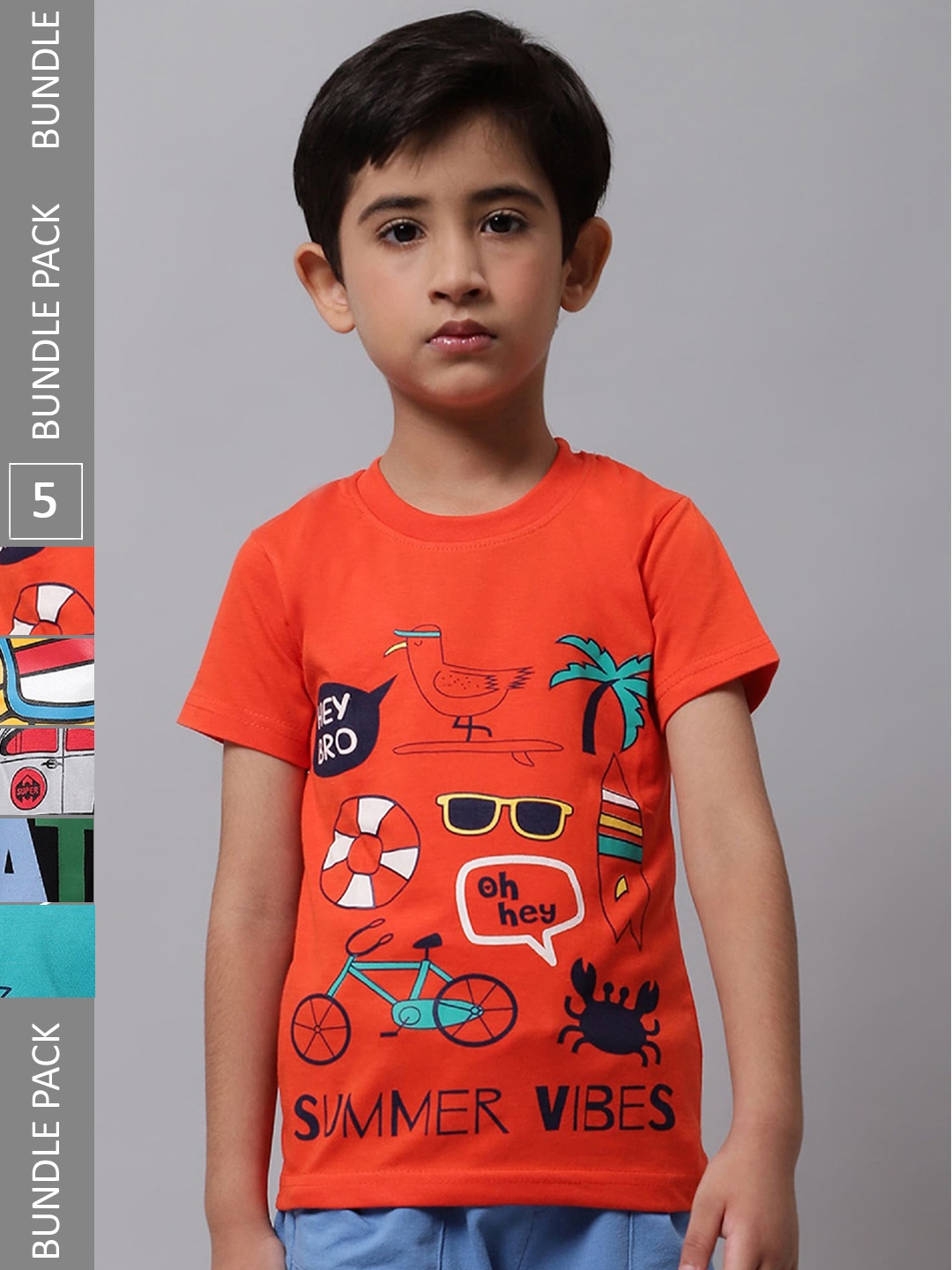 BAESD Boys Pack Of 5 Printed Cotton T-shirt, Orange