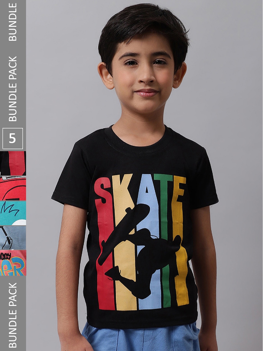 

BAESD Boys Pack Of 5 Printed Round Neck Cotton T-shirt, Black