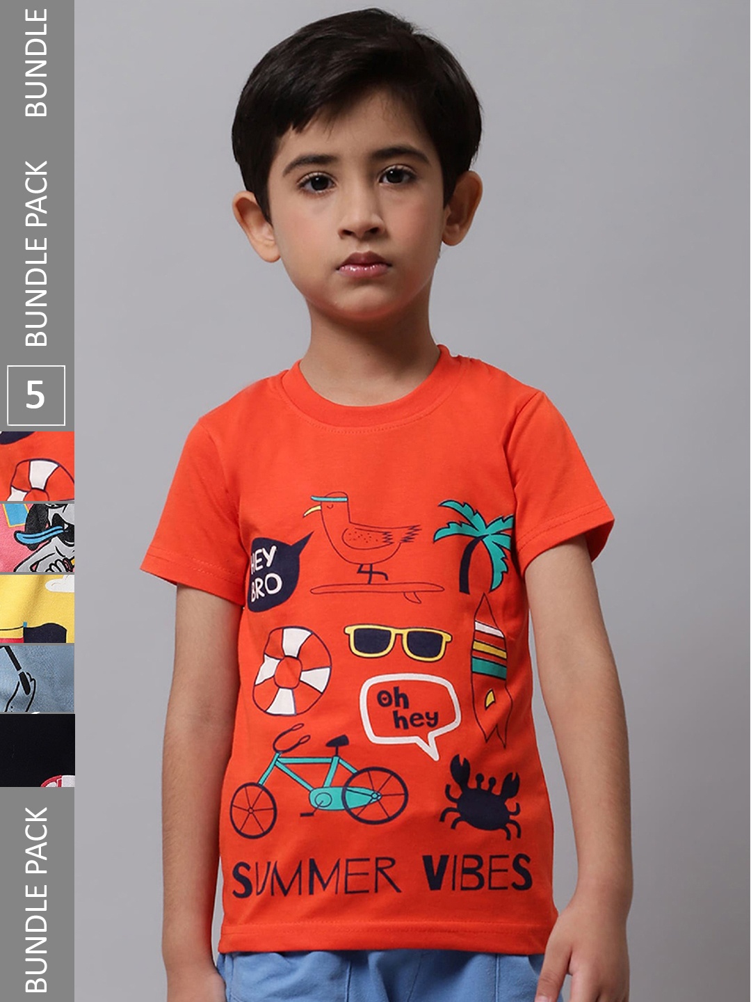 

BAESD Boys Pack Of 5 Graphic Printed Cotton T-Shirts, Orange