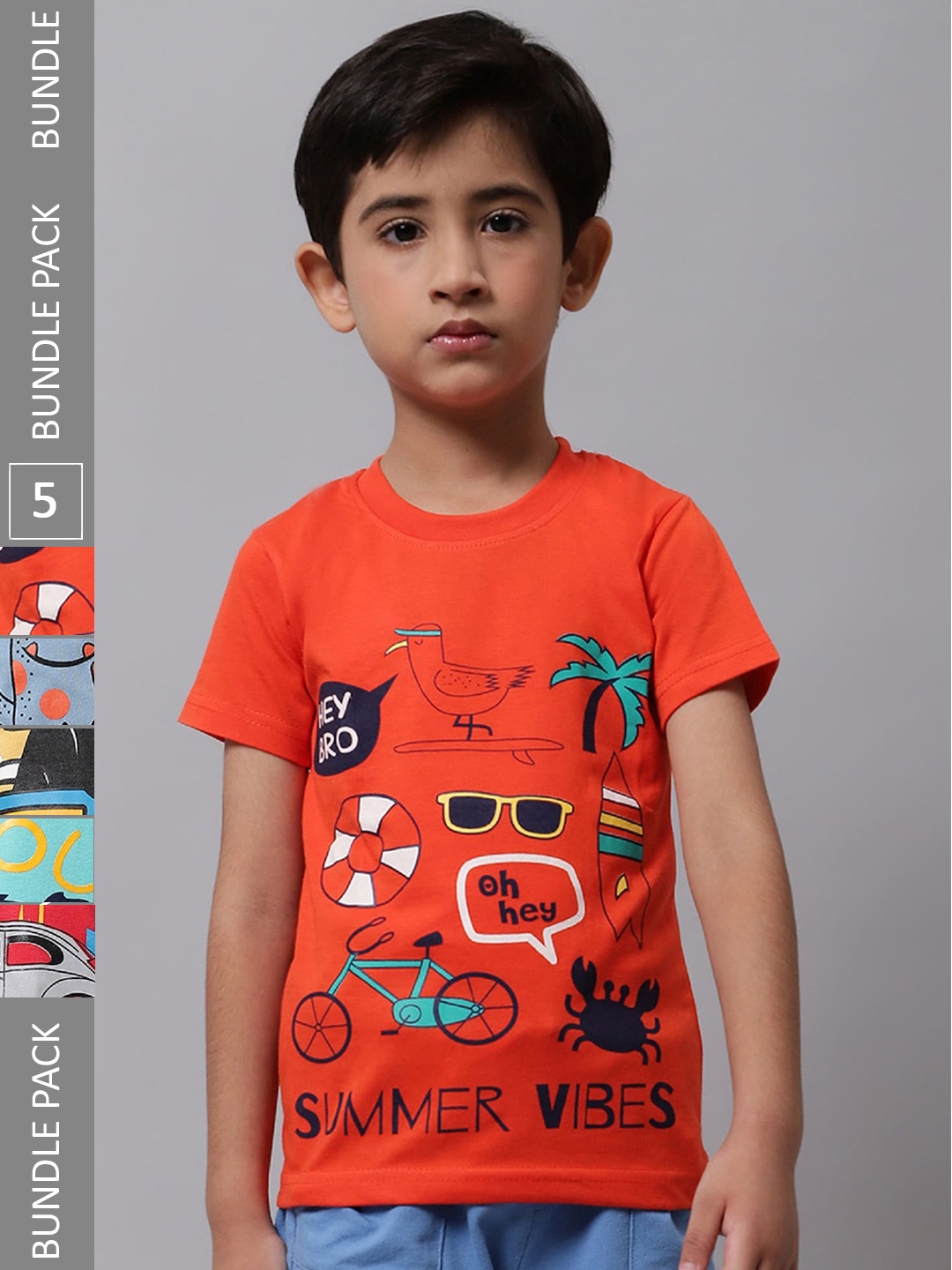

BAESD Boys Pack Of 5 Graphic Printed Regular Fit Cotton Tshirt, Orange
