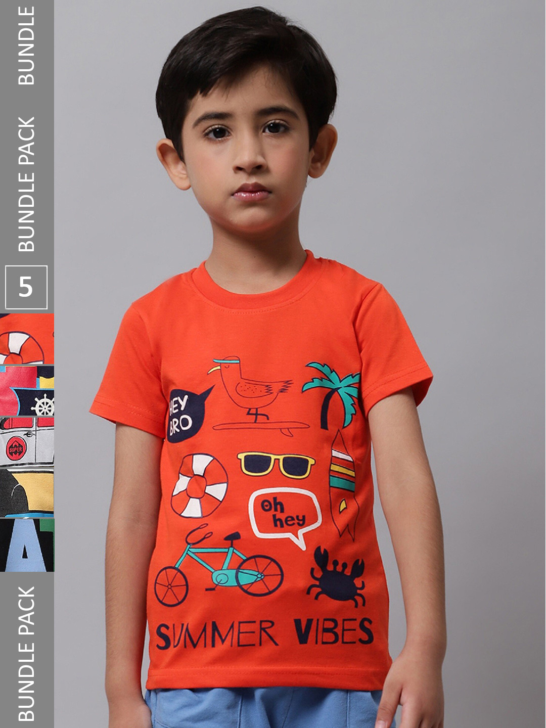 

BAESD Boys Pack Of 5 Graphic Printed Regular Fit Cotton Tshirt, Orange
