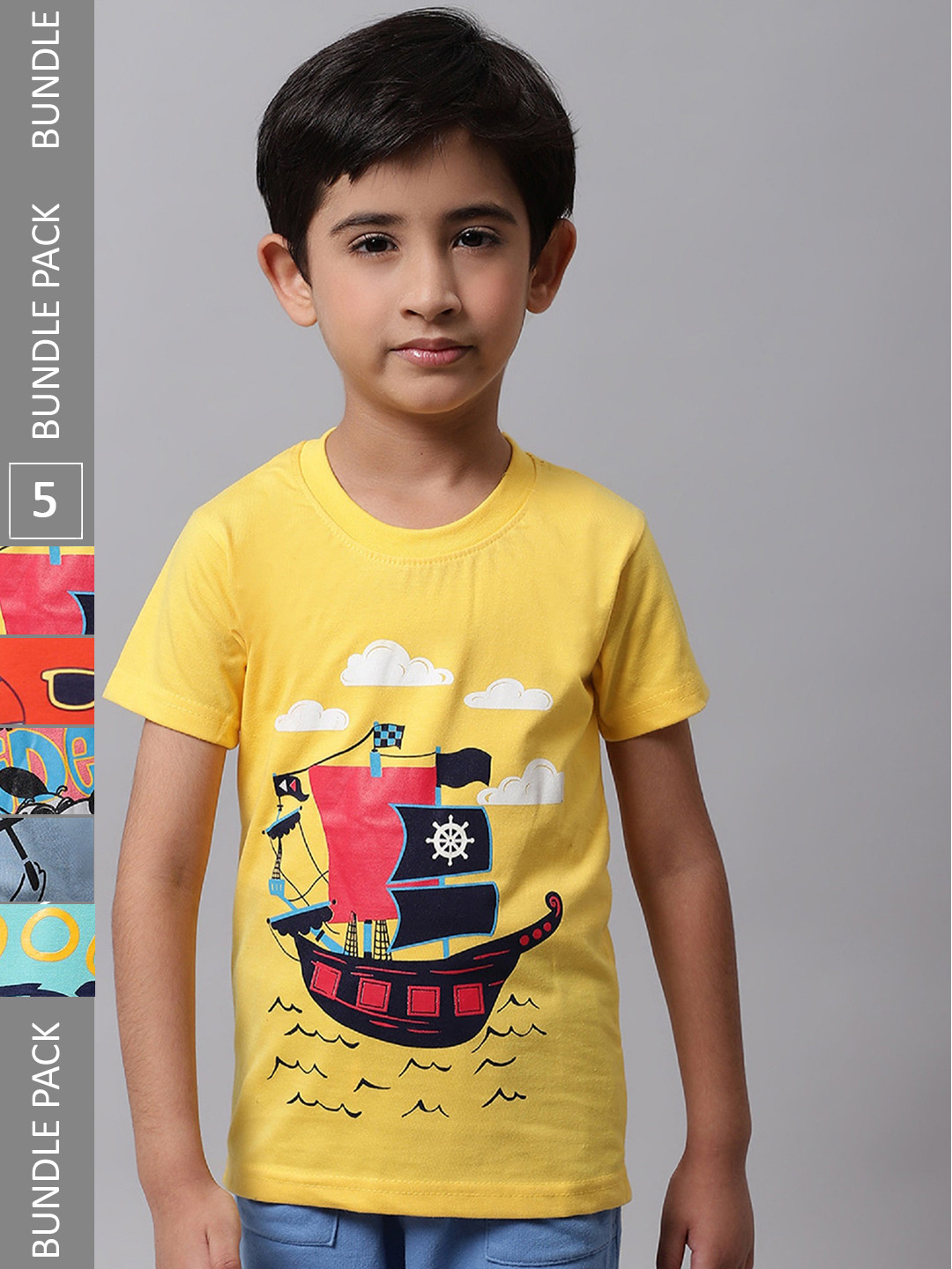 

BAESD Boys Pack of 5 Graphic Printed Cotton T-shirts, Yellow
