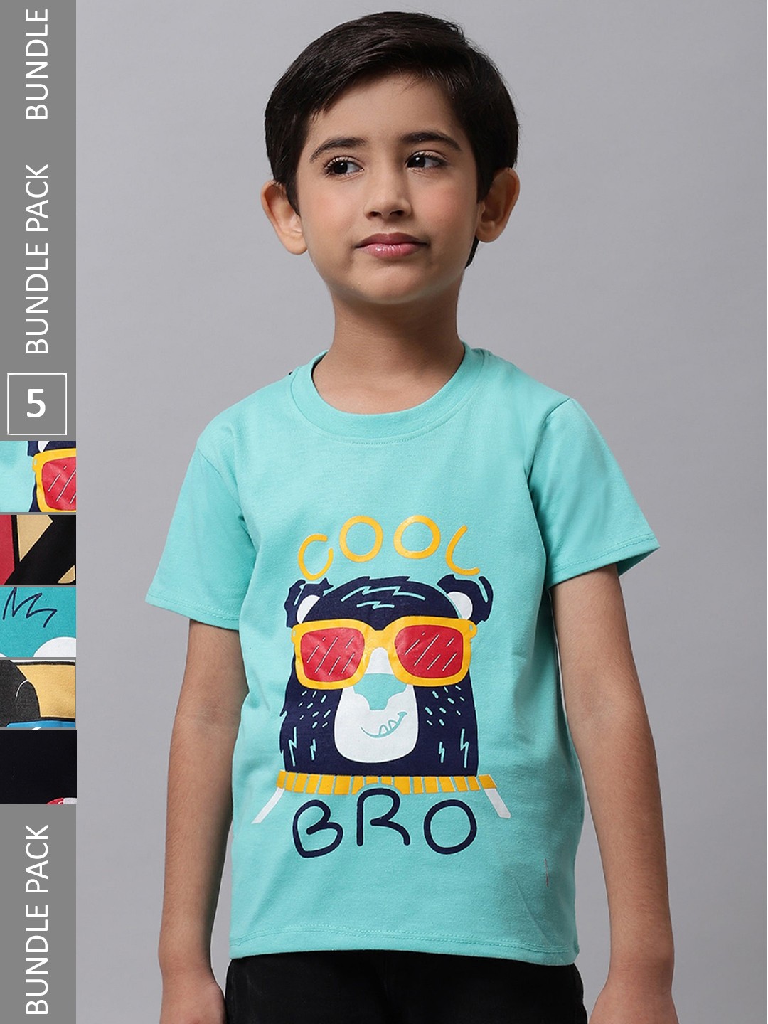 

BAESD Boys Pack Of 5 Graphic Printed Cotton T-Shirts, Sea green