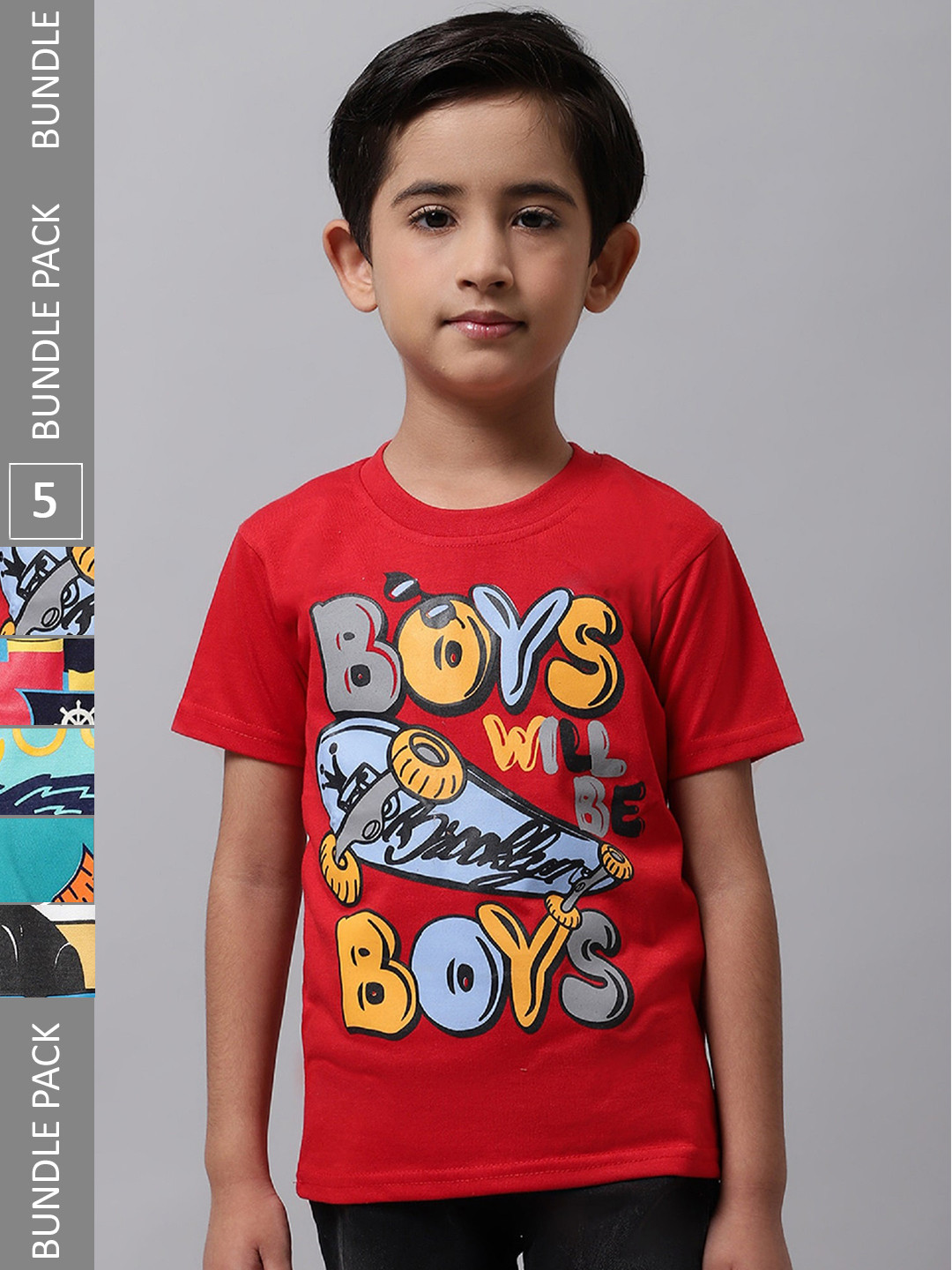 

BAESD Boys Pack of 5 Graphic Printed Cotton T-shirt, Yellow