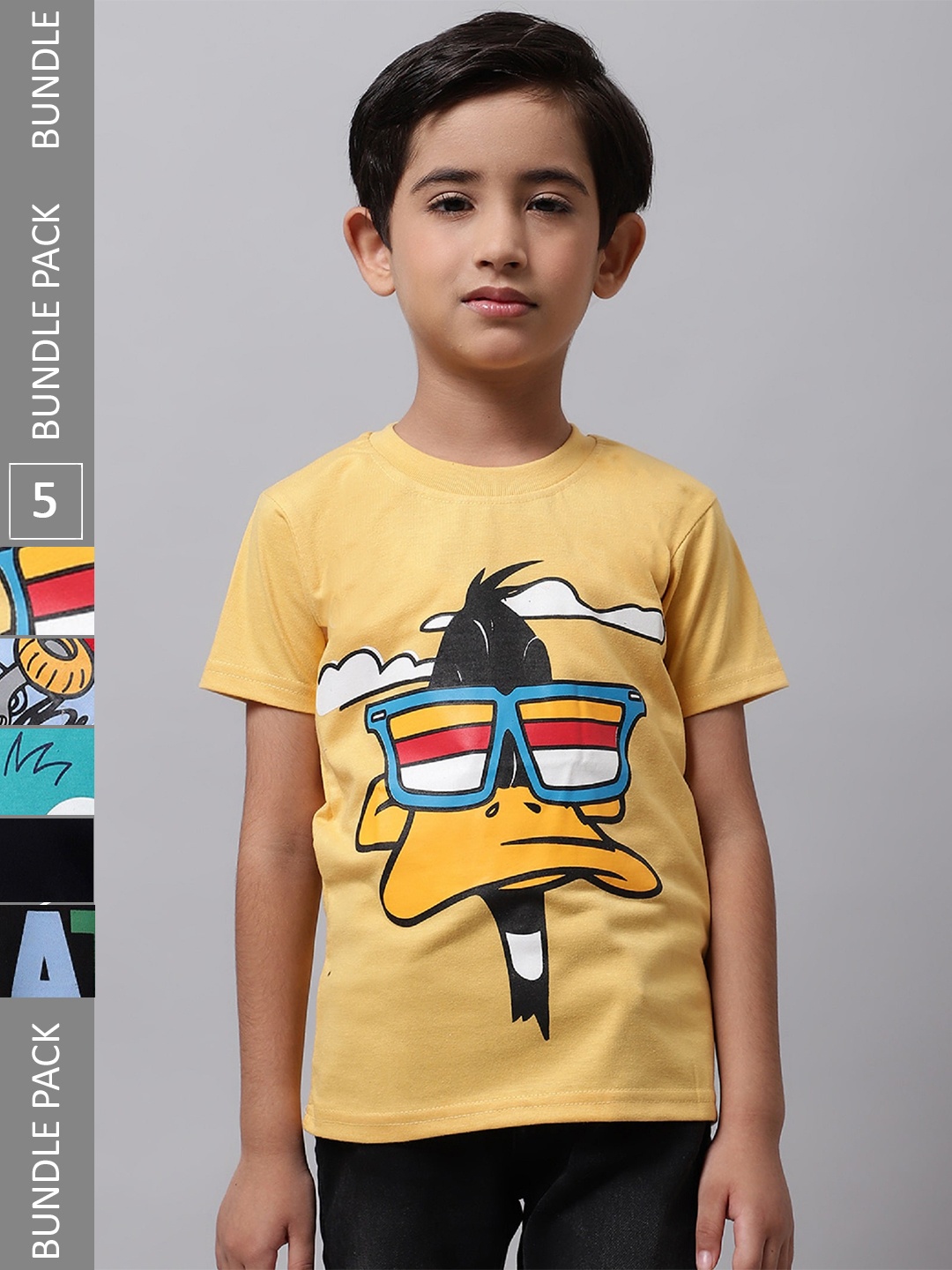 

BAESD Boys Pack of 5 Graphic Printed Cotton T-shirt, Yellow