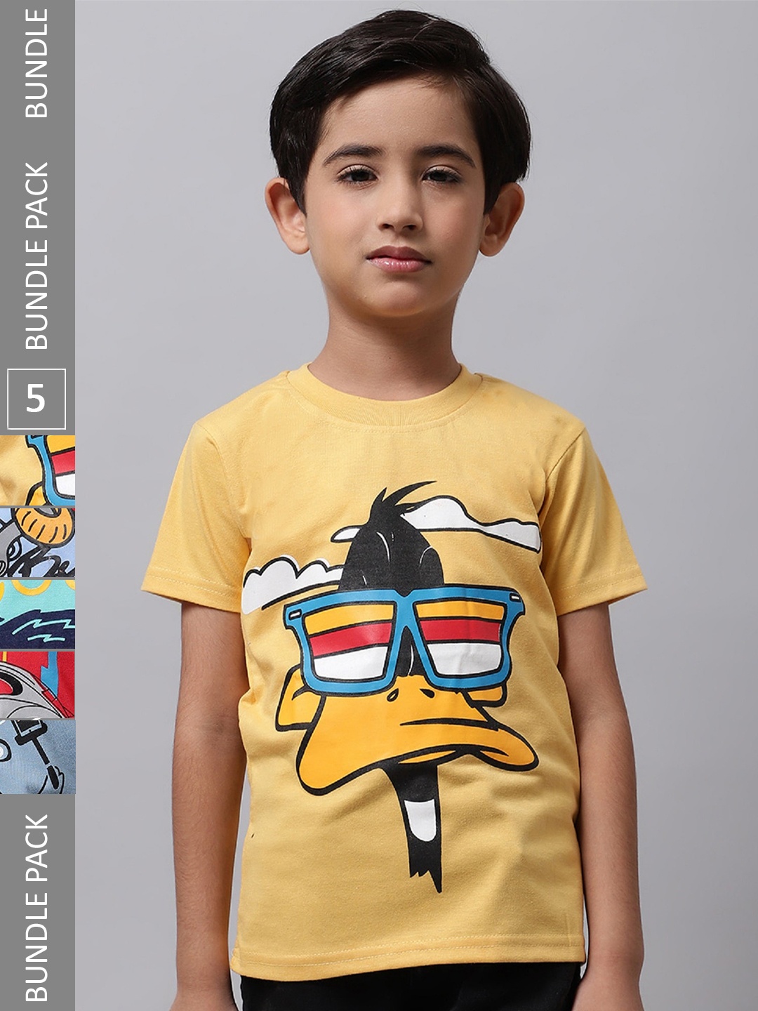 

BAESD Boys Pack Of 5 Graphic Printed Round Neck Cotton T-shirt, Yellow