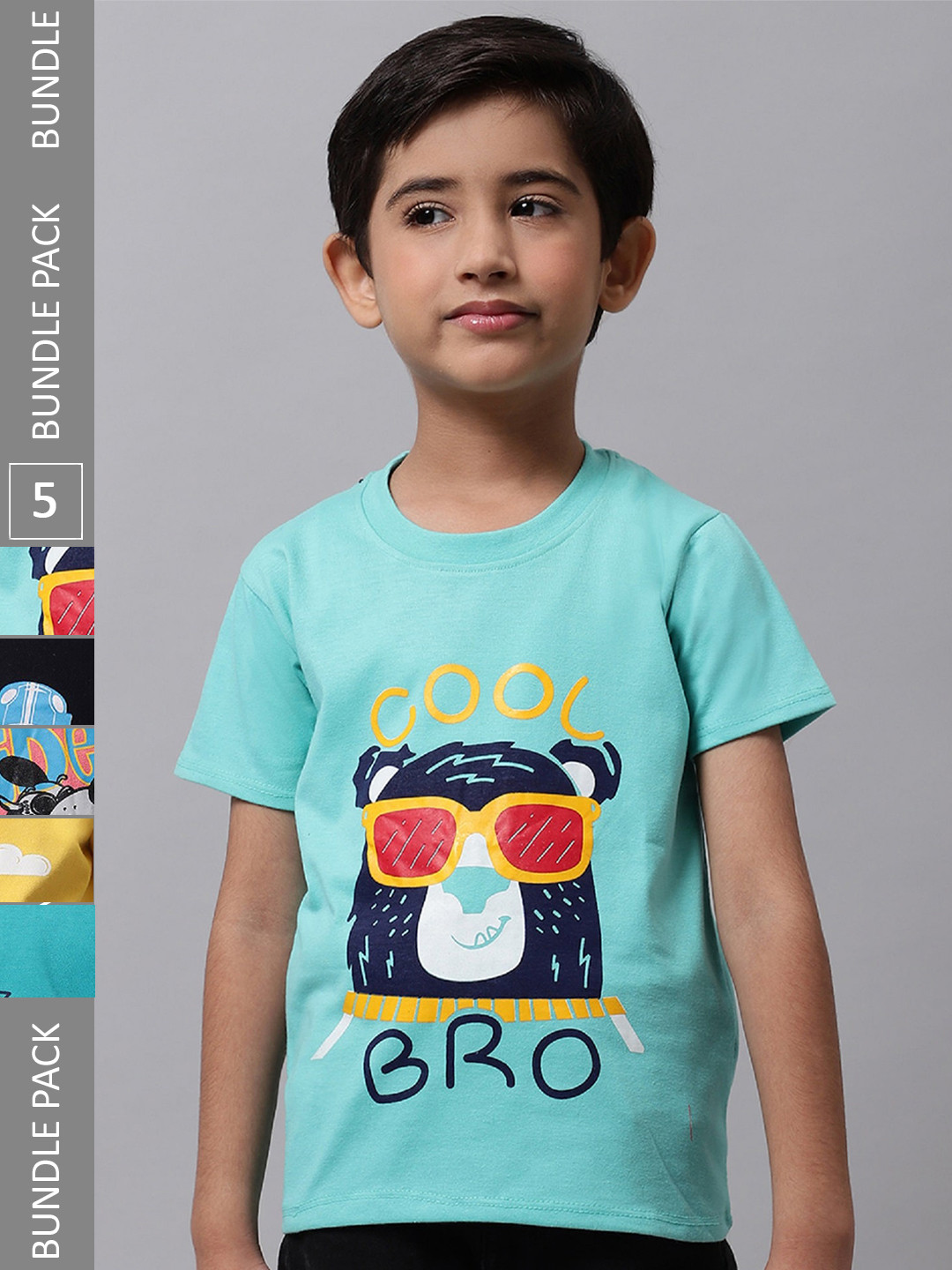 

BAESD Boys Pack Of 5 Graphic Printed Cotton T-shirts, Turquoise blue