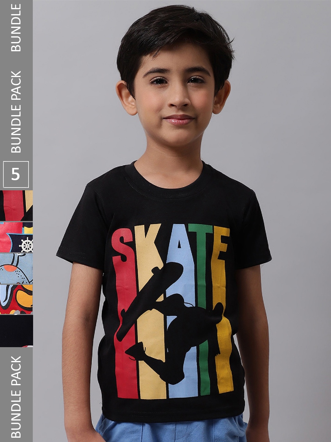 

BAESD Boys Pack of 5 Printed Cotton T-shirts, Black