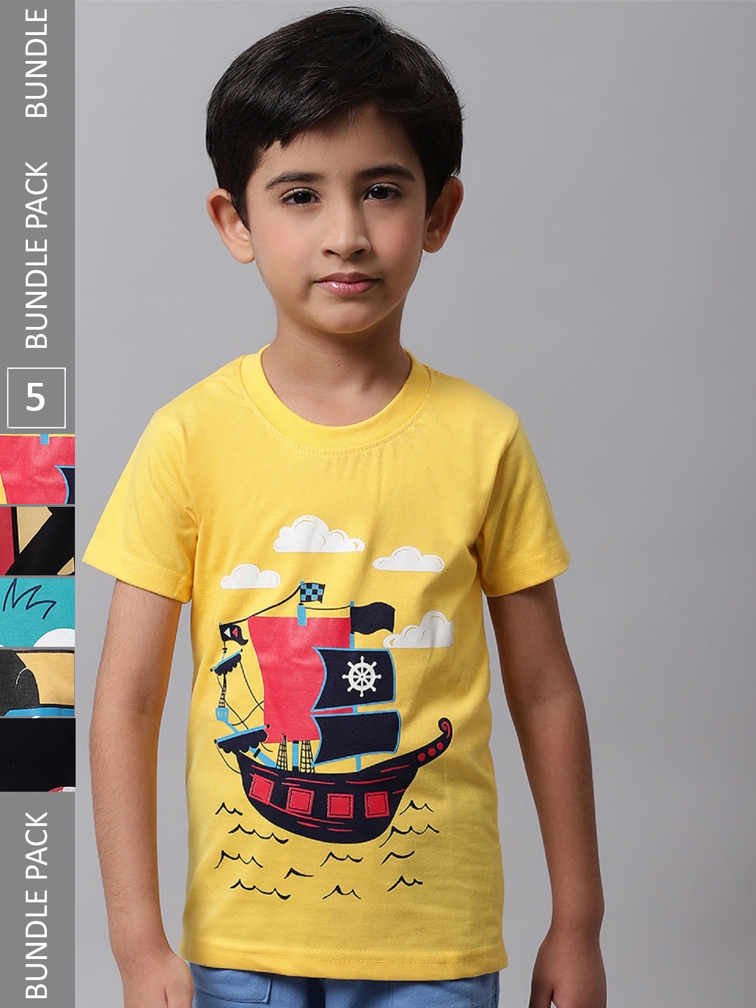 

BAESD Boys Pack of 5 Printed Cotton T-shirt, Yellow