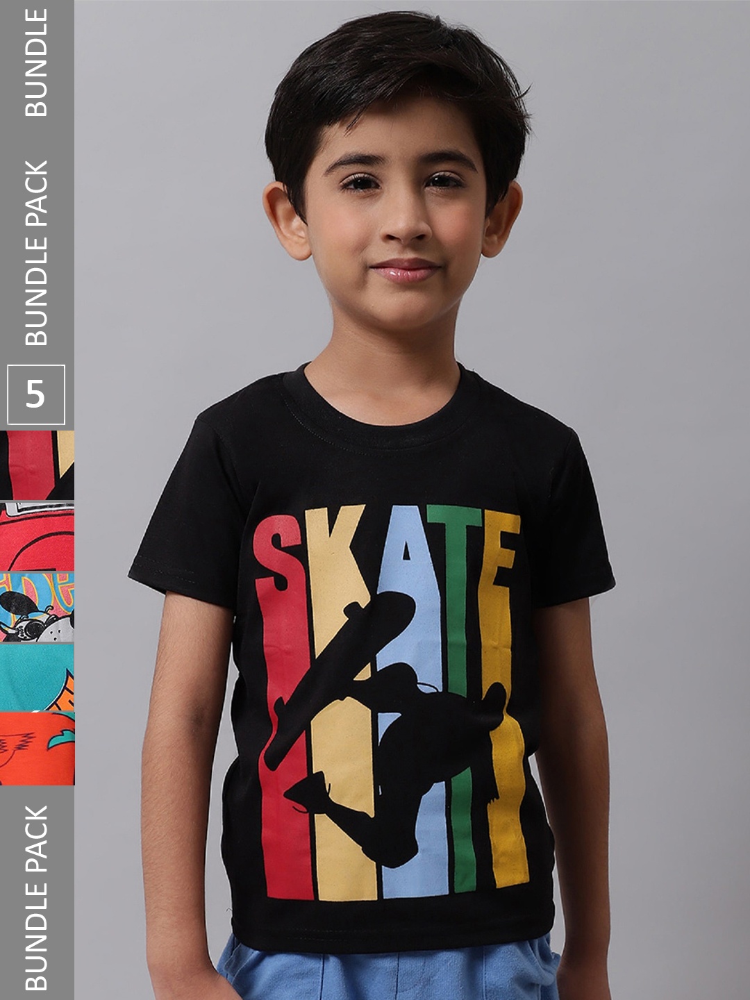 BAESD Boys Pack Of 5 Typography Printed Cotton T-shirt, Black