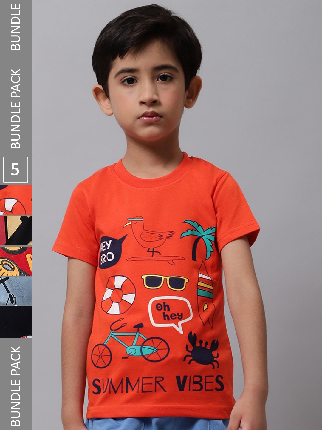 

BAESD Boys Pack Of 5 Graphic Printed Cotton T-Shirts, Orange