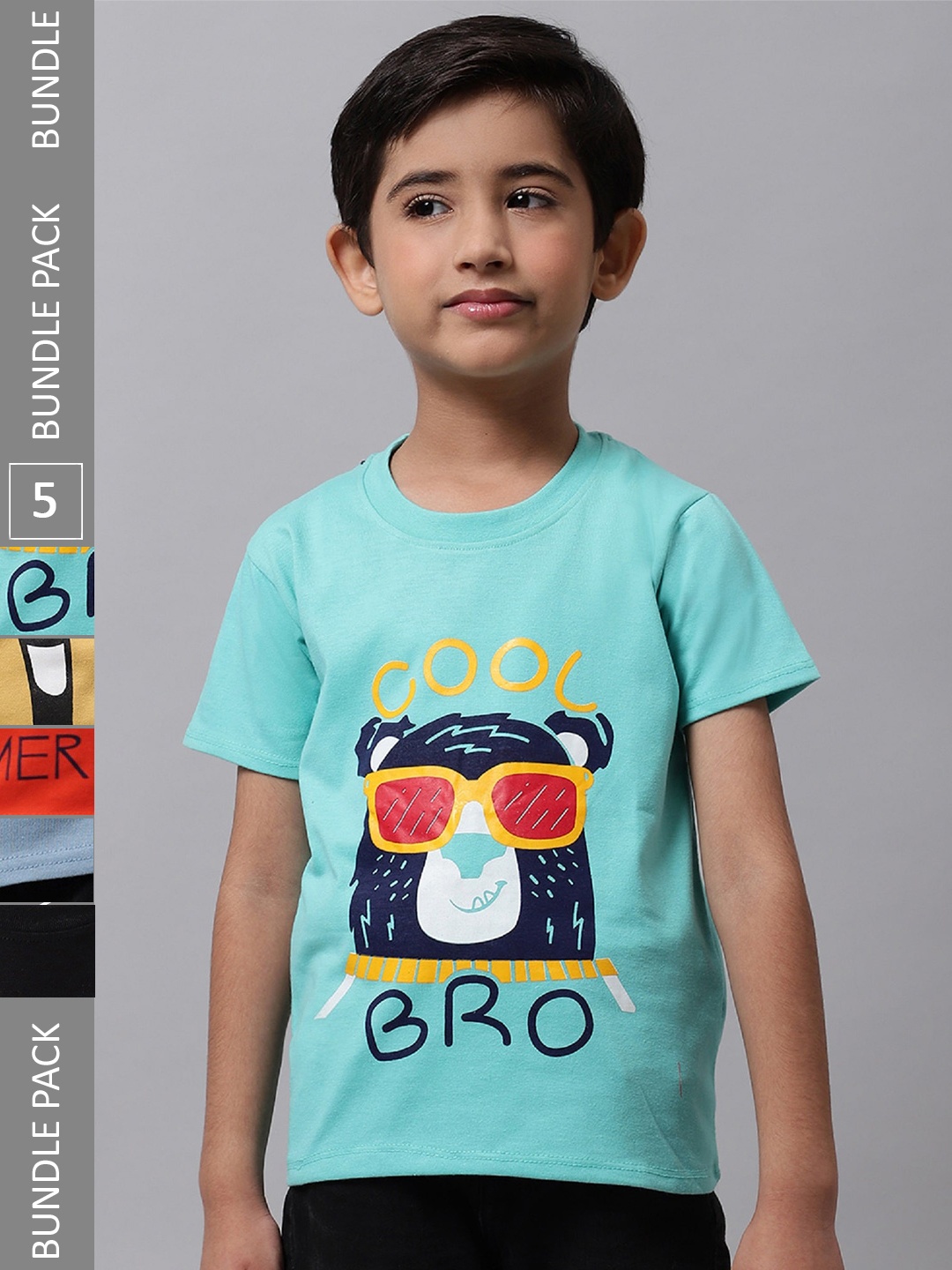 

BAESD Boys Pack Of 5 Printed Cotton T-shirt, Turquoise blue
