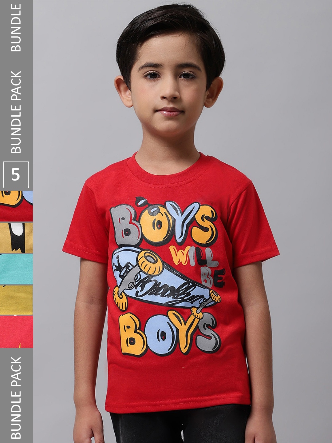 

BAESD Boys Pack Of 5 Printed Cotton T-Shirt, Red