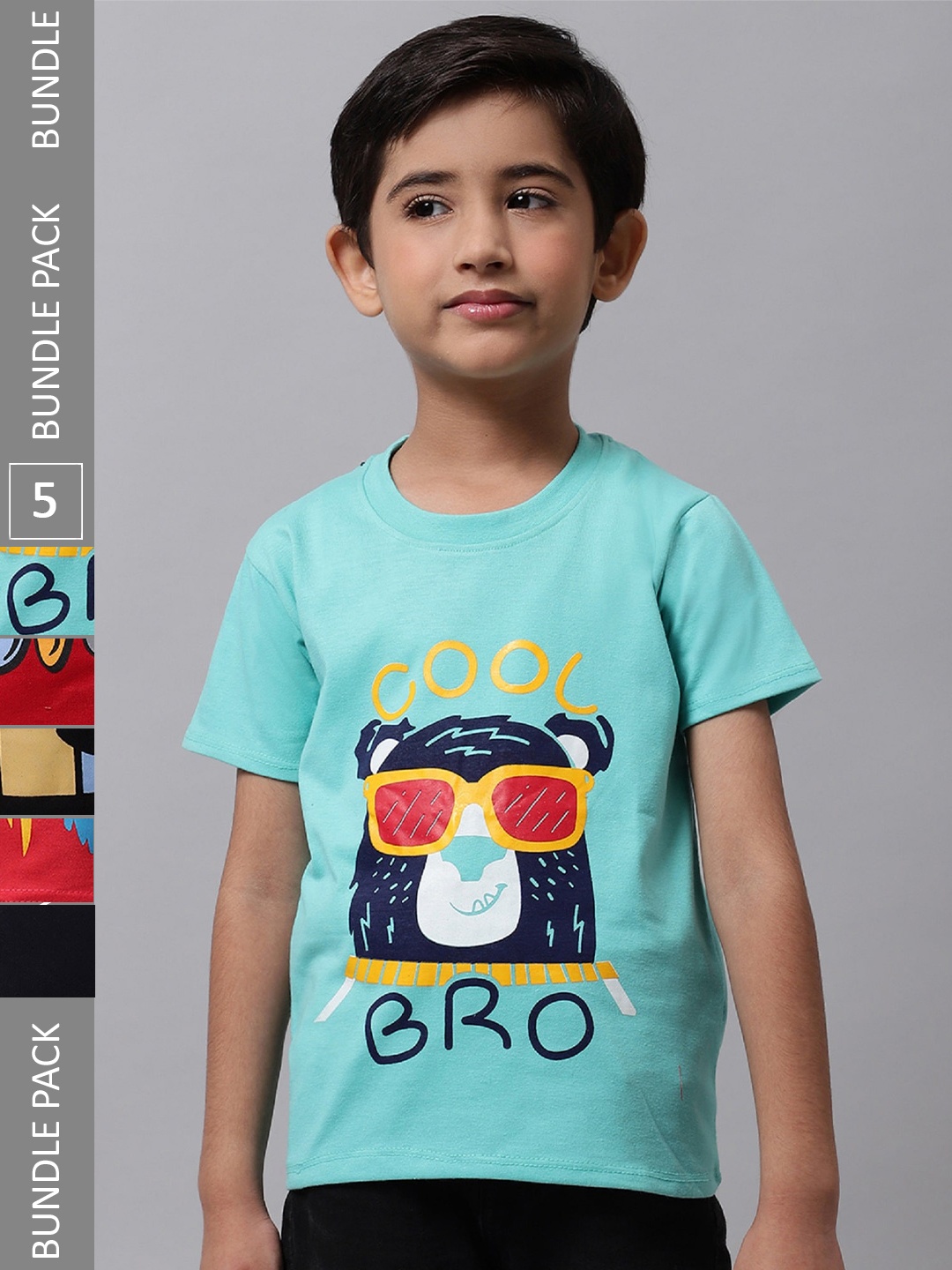 

BAESD Boys Pack Of 5 Graphic Printed Cotton T-shirts, Turquoise blue