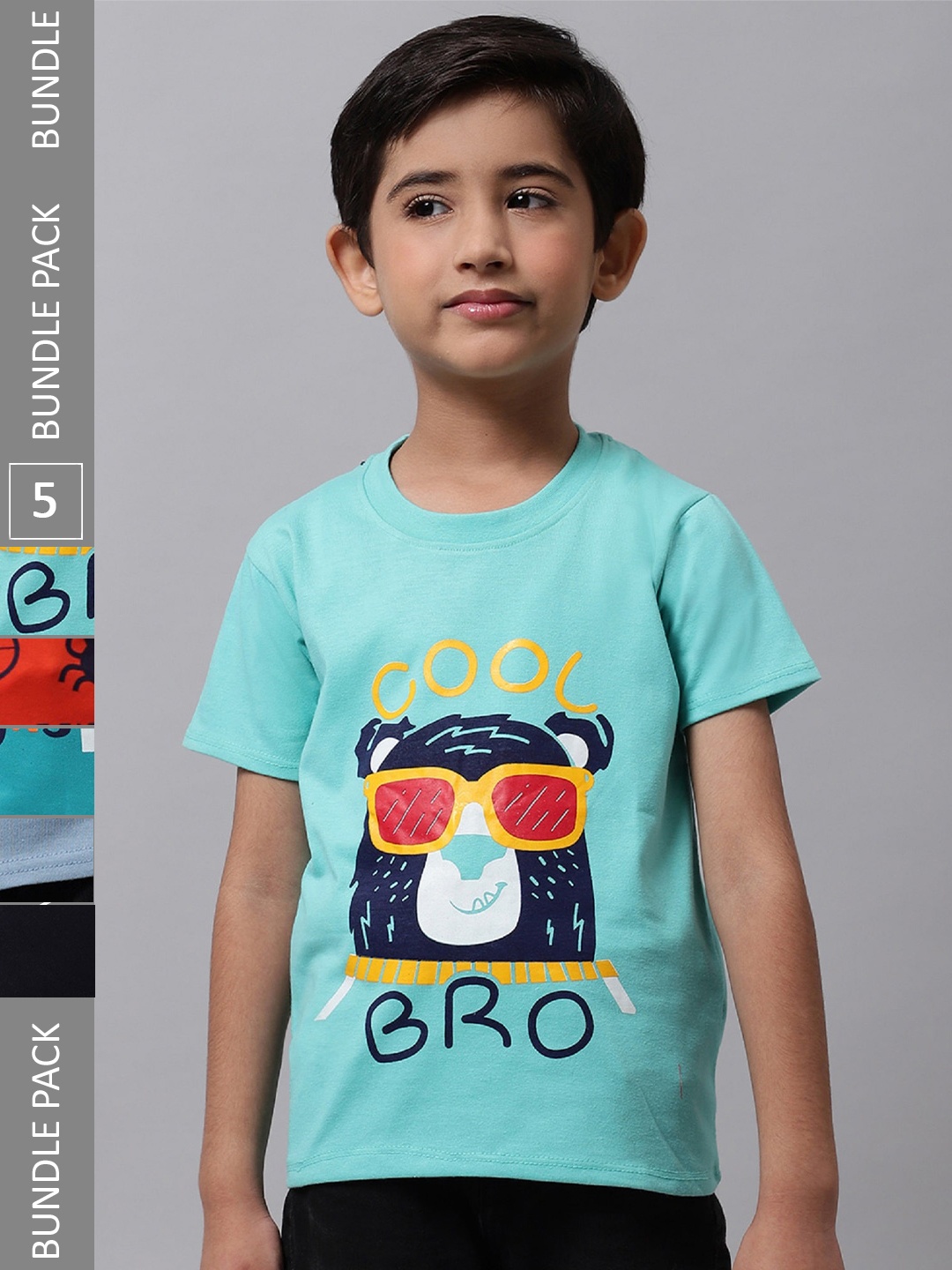 

BAESD Boys Pack of 5 Graphic Printed Cotton T-shirt, Turquoise blue