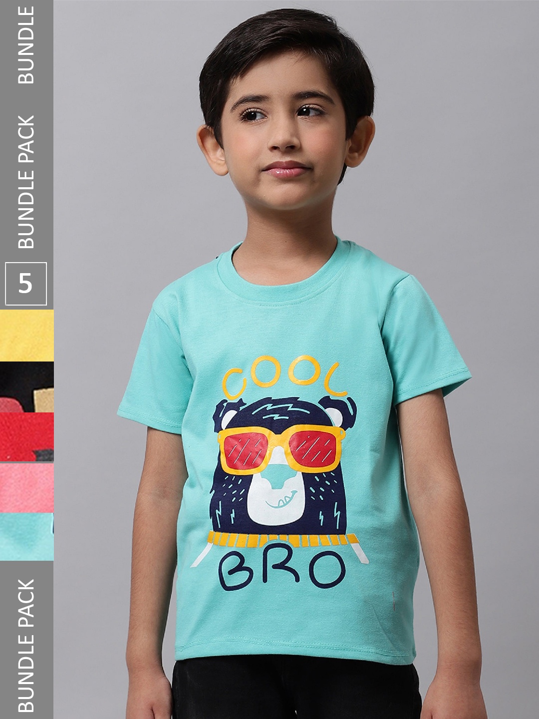 

BAESD Boys Pack Of 5 Printed Cotton Regular T-shirts, Sea green