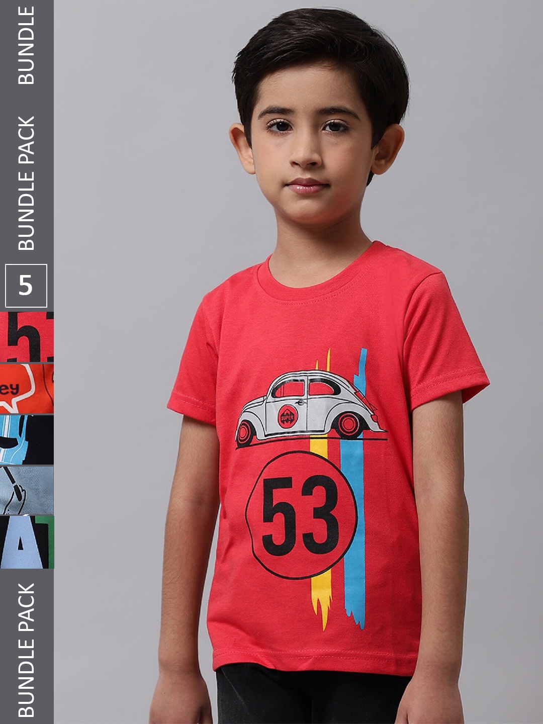 

BAESD Boys Pack Of 5 Graphic Printed Cotton T-shirts, Red