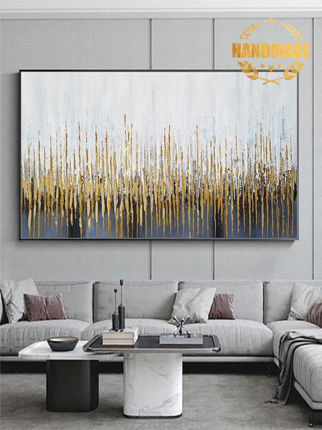 

THE HANDMADE FLAIR White & Yellow Abstract Canvas Painting Frame