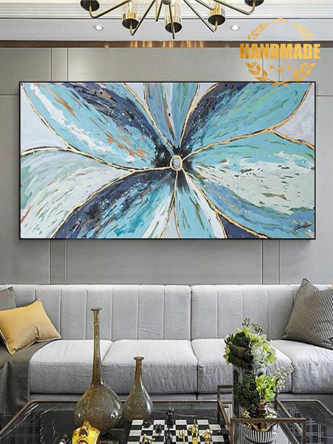 

THE HANDMADE FLAIR Blue & White Abstract Painting Framed Wall Art