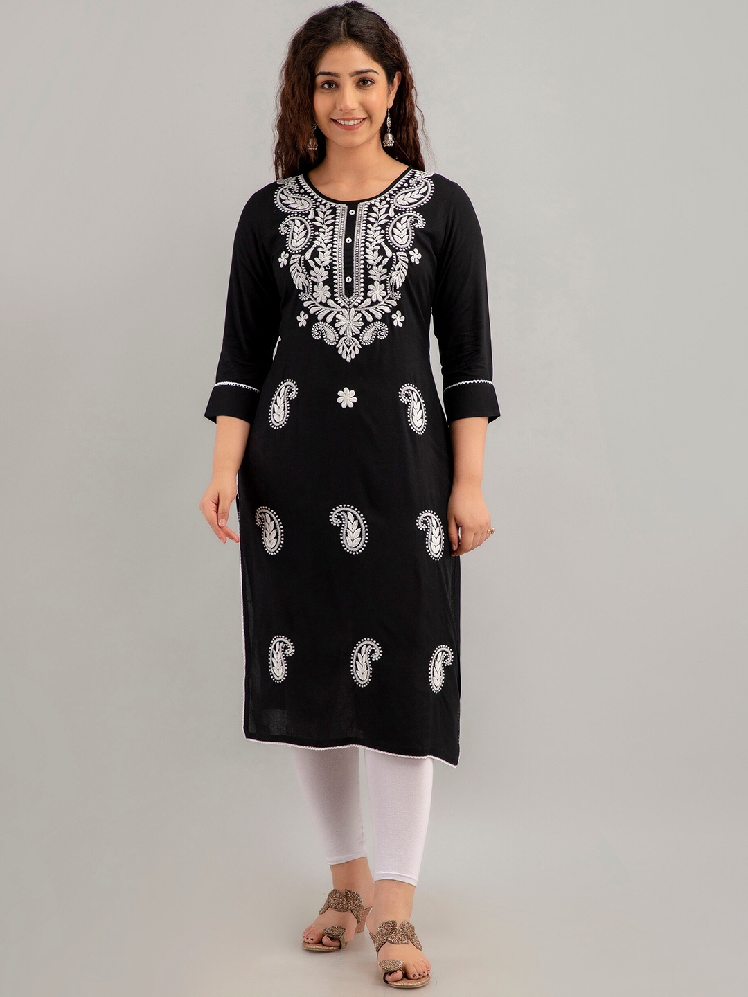

ADORRO Ethnic Motifs Yoke Design Straight Kurta, Black