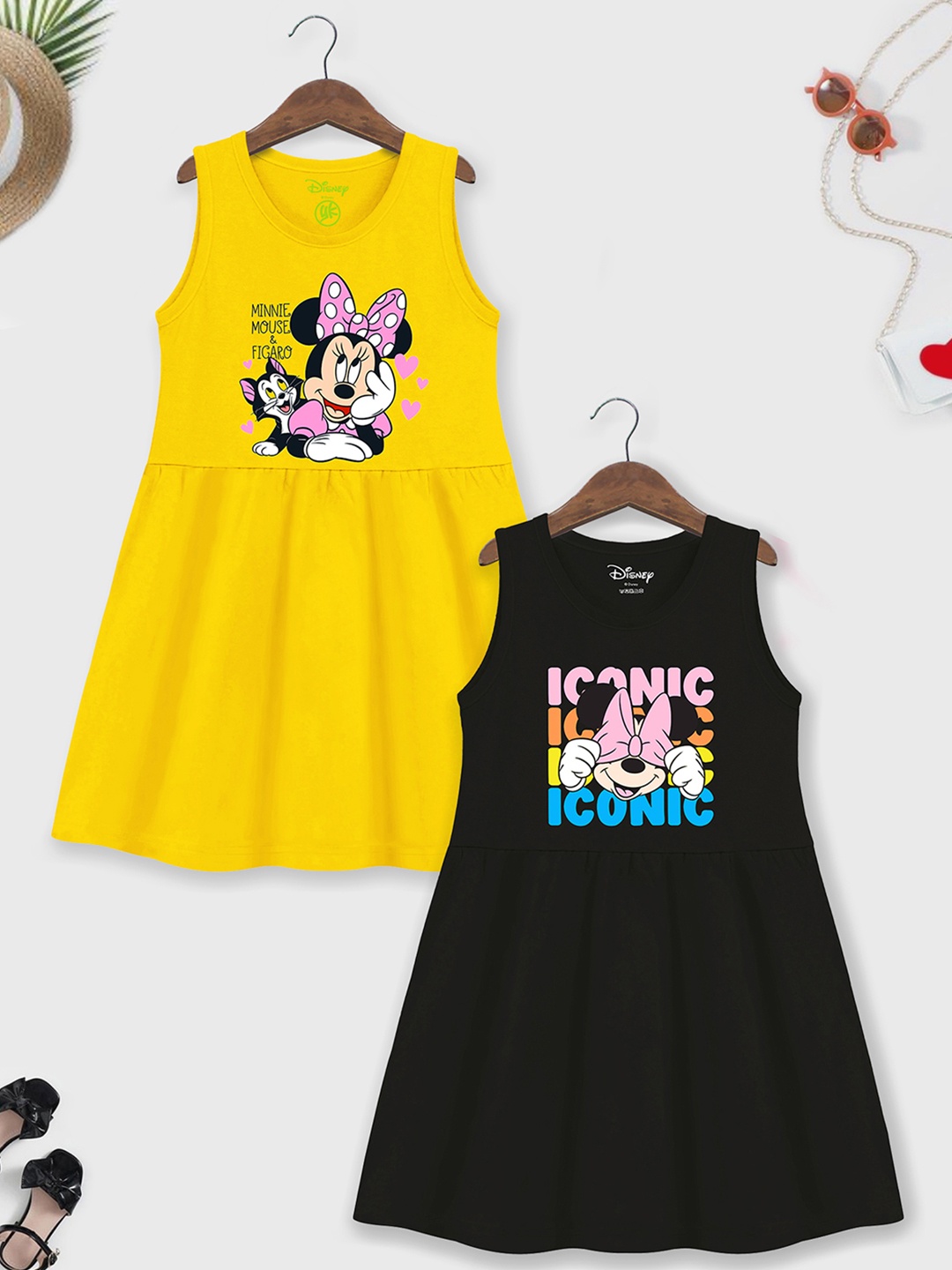 

YK Disney Girls Pack of 2 Minnie Mouse Printed Cotton A-Line Dress, Yellow