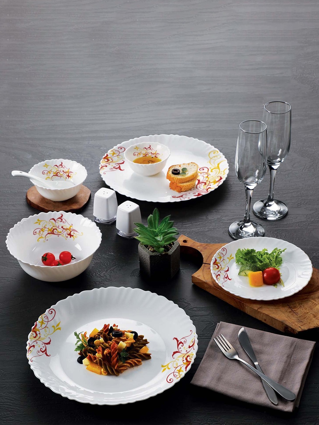 

Cello White & Yellow 19 Pieces Ethnic Motifs Printed Opalware Glossy Dinner Set