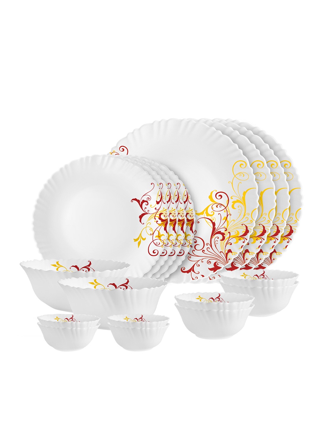 

Cello Dazzle Set of 18 Microwave and Dishwasher Safe Yellow Scroll Opalware Dinner Set, White
