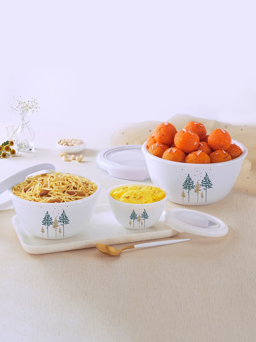 

Cello Royale Set of 3 Winter Pine Opalware Mixing Bowl with Premium Lid-500ml, 1 L, 1.5 L, White