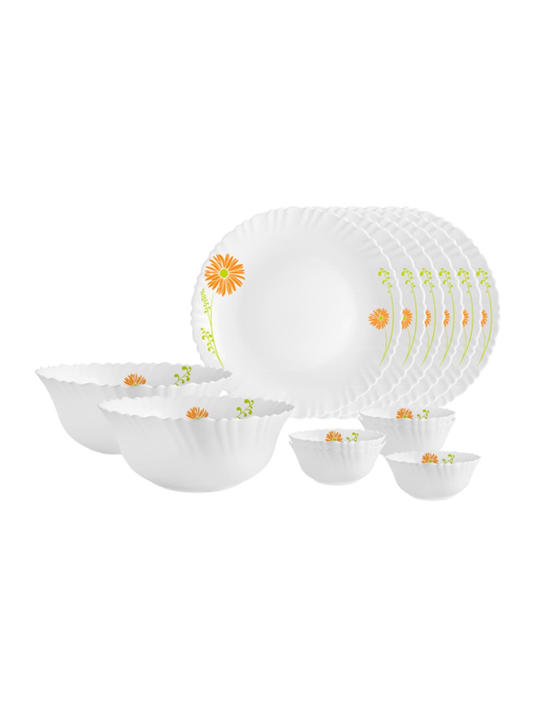 

Cello White & Orange 14 Pieces Floral Printed Opalware Glossy Dinner Set