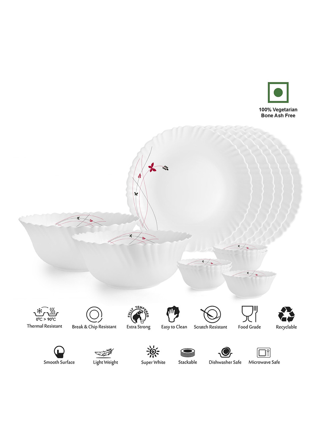 

Cello Dazzle Series Set of 14 Lush Fiesta Design Opalware Dinner Set, White