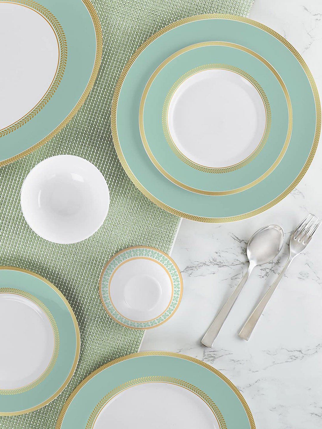 

Cello Ariana 35-Pieces White Colourblocked Opalware Dinner Set, Green