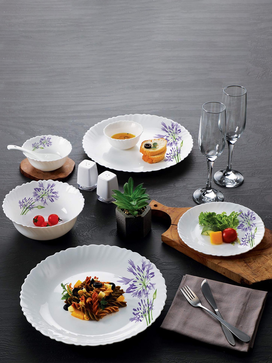 

Cello White & Lavender 18 Pieces Floral Printed Opalware Glossy Dinner Set