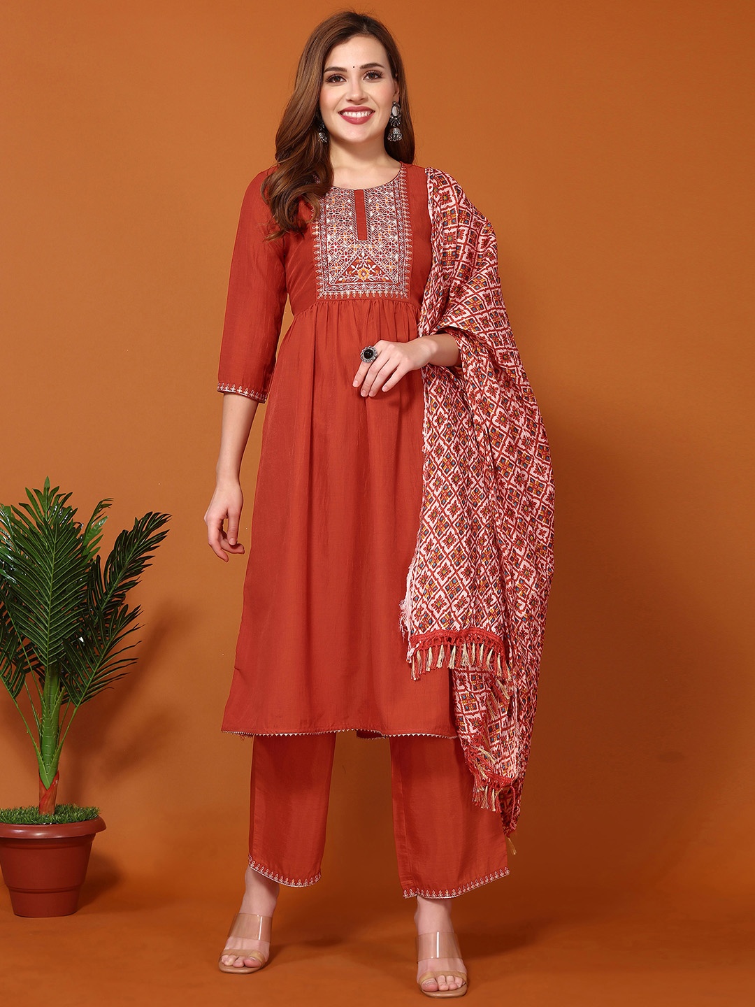 

KALINI Ethnic Motifs Yoke Design Anarkali Kurta & Trousers With Dupatta, Orange