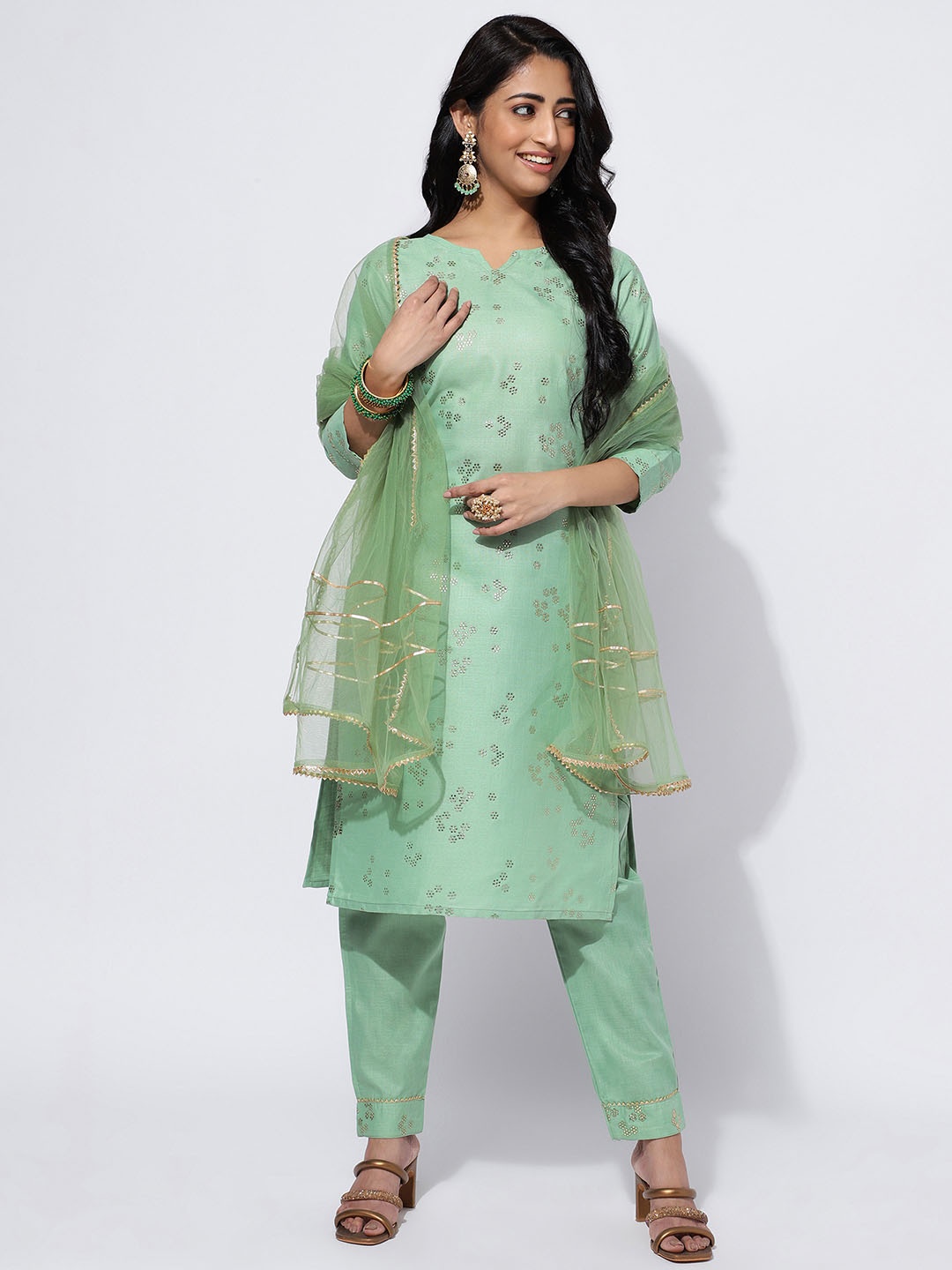 

KALINI Beads and Stones Detail Kurta & Trousers With Dupatta, Green