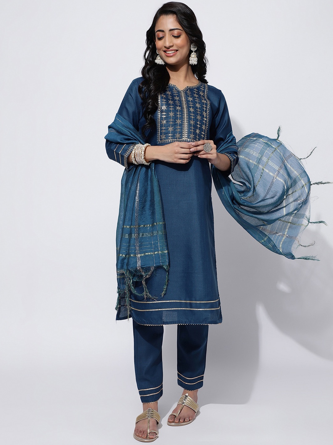 

KALINI Yoke Design Thread Work Detail Kurta & Trousers With Dupatta, Navy blue