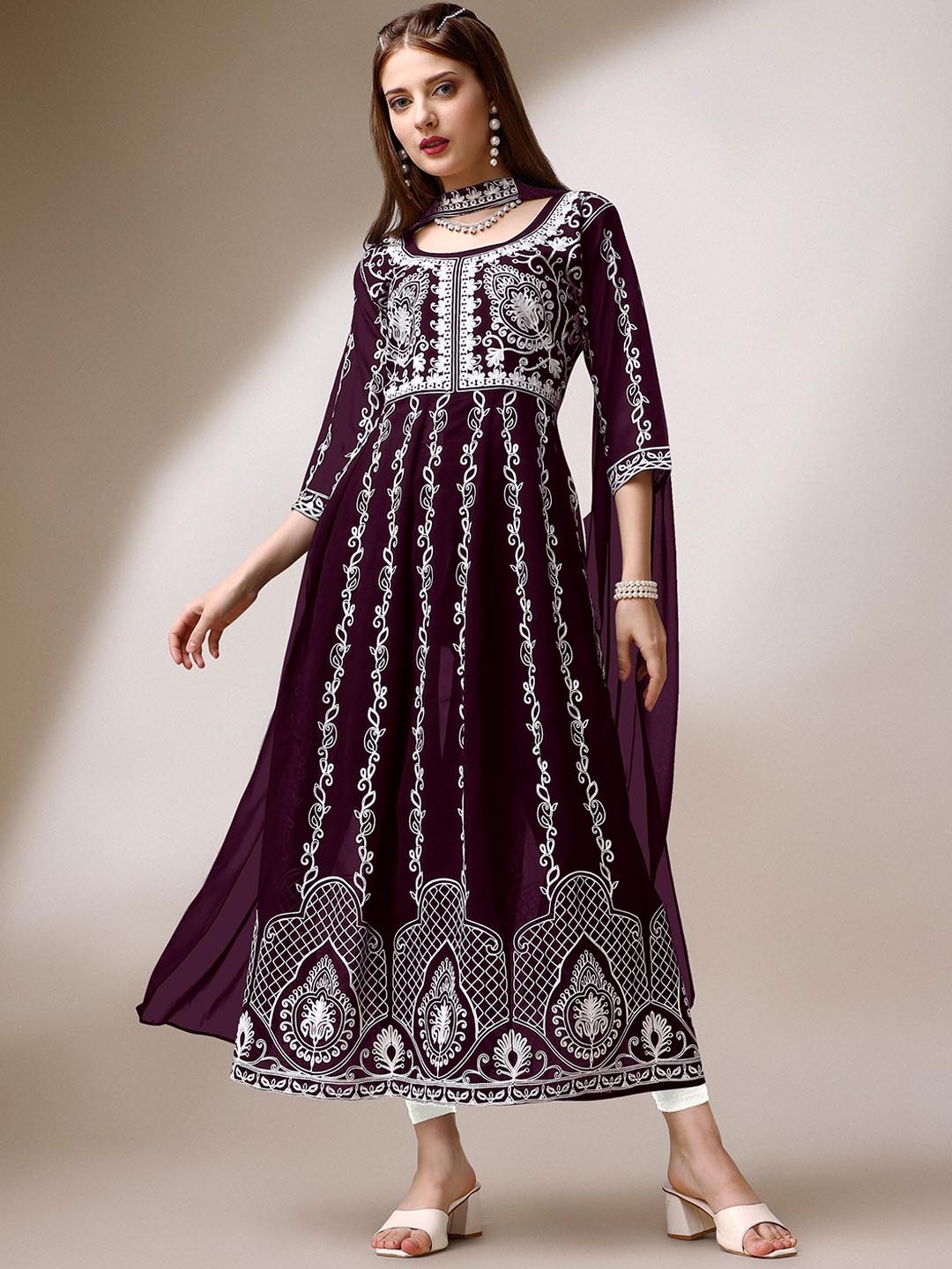 

Shree Ramkrishna Fab Ethnic Motifs Embroidered Georgette Anarkali Kurta With Dupatta, Brown