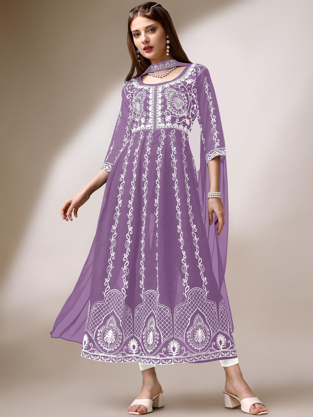 

Shree Ramkrishna Fab Ethnic Motifs Embroidered Georgette Anarkali Kurta With Dupatta, Lavender