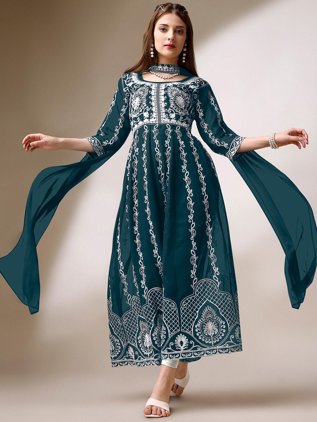 

Shree Ramkrishna Fab Ethnic Motifs Embroidered Anarkali Georgette Kurta With Dupatta, Teal