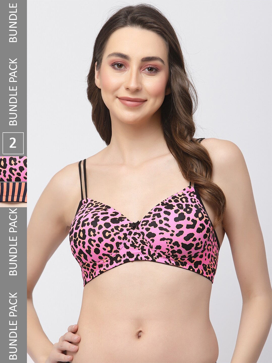

College Girl Pack of 2 Animal Printed Bras Full Coverage Lightly Padded, Pink