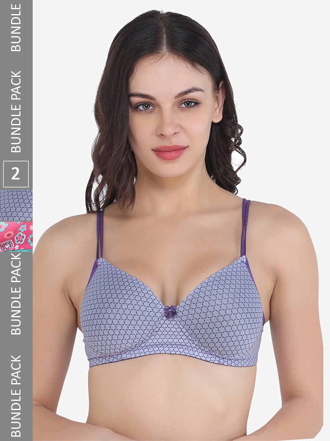 

College Girl Pack Of 2 Floral Printed Seamless Full Coverage Lightly Padded Everyday Bra, Pink