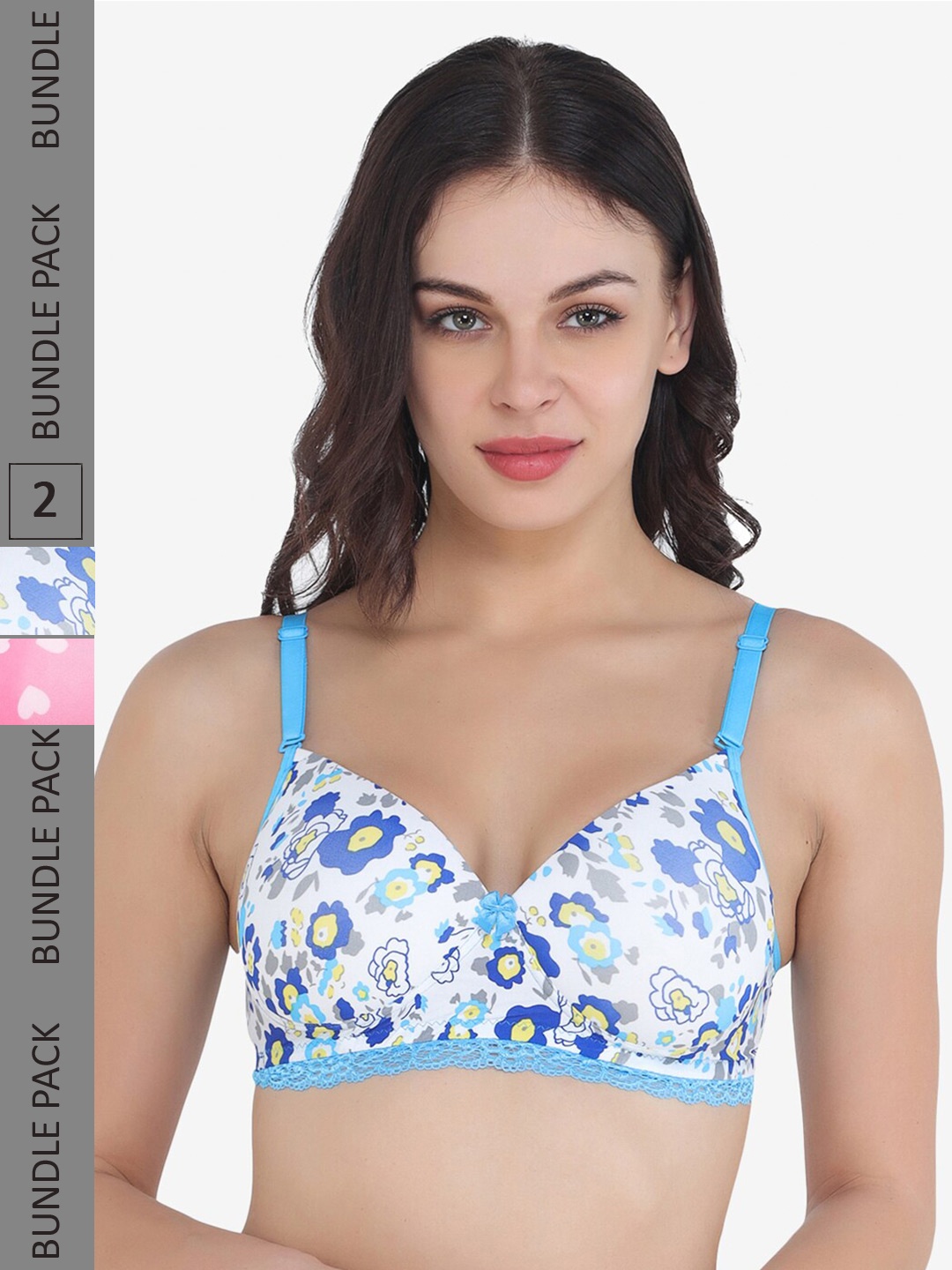 

College Girl Pack of 2 Floral Printed Bras Full Coverage Lightly Padded, Pink