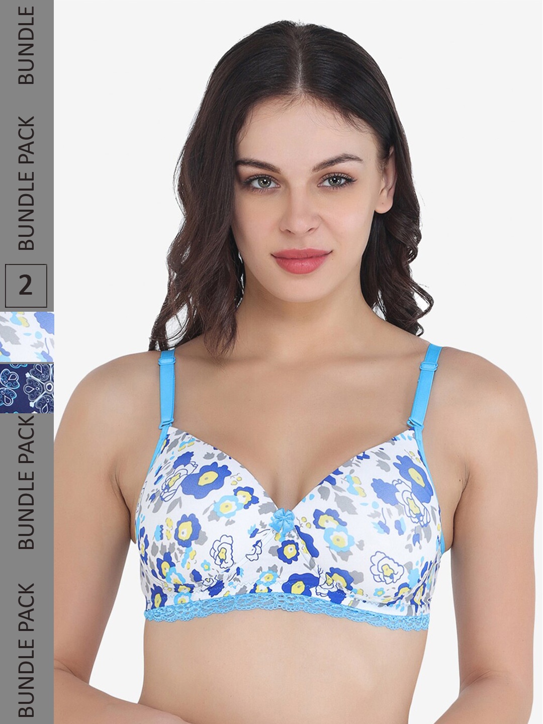 

College Girl Pack Of 2 Printed Full Coverage Lightly Padded T-Shirt Bras All Day Comfort, Blue