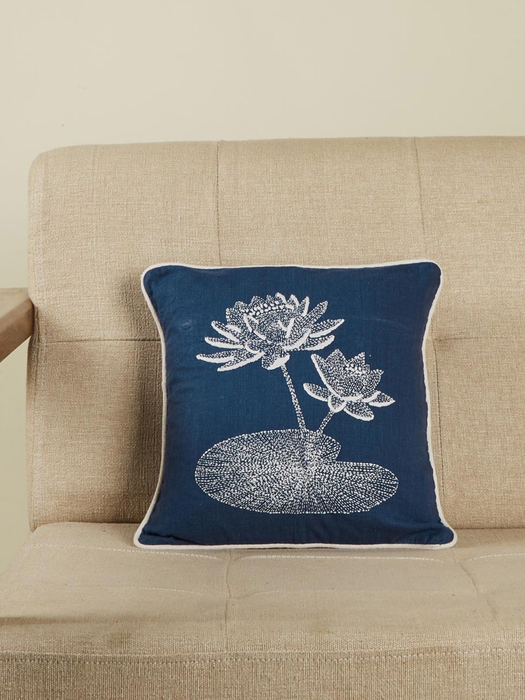 

Fabindia Blue & White Embroidered Cotton Square Cushion Cover
