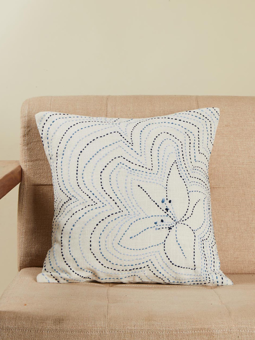 

Fabindia White & Blue Embroidered Cotton Square Cushion Cover